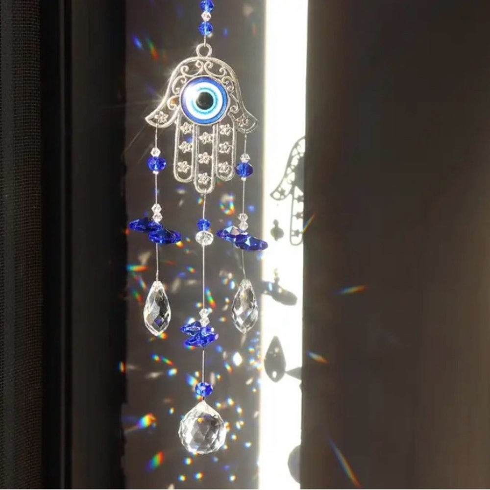 Source Unknown Blue and Silver Hamsa Wind Chime